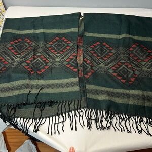 Aziza‎ Poncho Cape Shawl Wrap Geometric Tribal Print Fringe Open Front Green OS